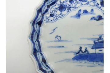 江戸期　古伊万里　染付　山水図　5.7寸　落ち着いた佇まいが魅力の中皿2枚セット(風景、和皿、和食器、なます皿、変形皿、五寸七分)(R-079574)