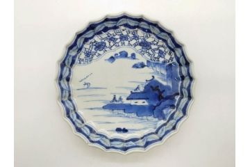 江戸期　古伊万里　染付　山水図　5.7寸　落ち着いた佇まいが魅力の中皿2枚セット(風景、和皿、和食器、なます皿、変形皿、五寸七分)(R-079574)