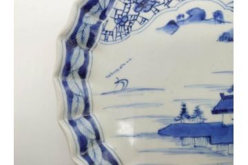江戸期　古伊万里　染付　山水図　5.7寸　落ち着いた佇まいが魅力の中皿2枚セット(風景、和皿、和食器、なます皿、変形皿、五寸七分)(R-079574)