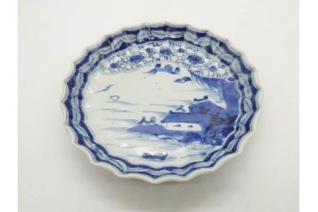 江戸期　古伊万里　染付　山水図　5.7寸　細部まで絵付けされた見事な中皿2枚セット(風景、和皿、和食器、なます皿、変形皿、五寸七分)(R-079575)