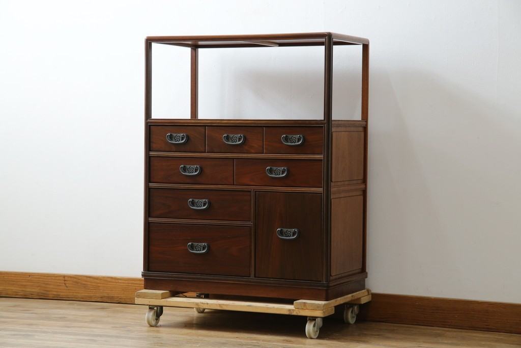 和製ビンテージ　美品!!　力峯作　総紫檀(シタン)材　内部桐(キリ)材　引き出し8杯付きで収納力も抜群の飾り棚　定価推定約60万円　(R-079588)