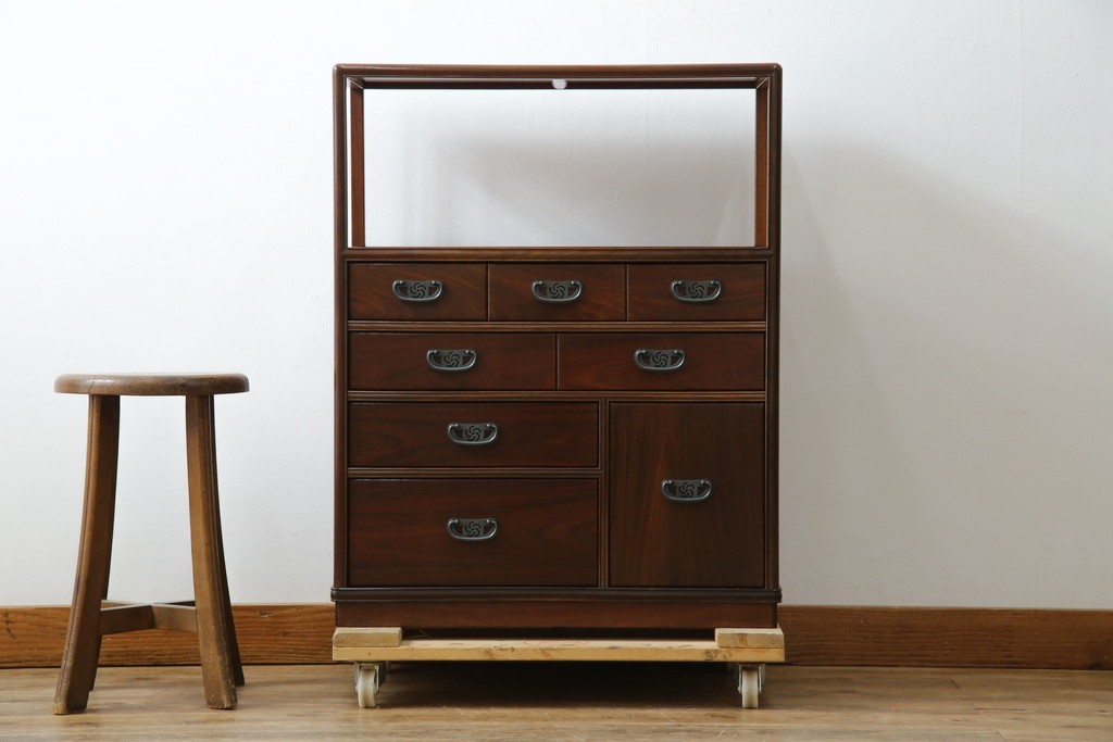 和製ビンテージ　美品!!　力峯作　総紫檀(シタン)材　内部桐(キリ)材　引き出し8杯付きで収納力も抜群の飾り棚　定価推定約60万円　(R-079588)