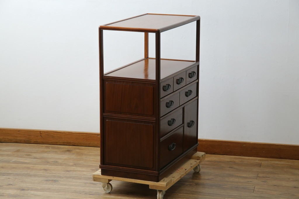 和製ビンテージ　美品!!　力峯作　総紫檀(シタン)材　内部桐(キリ)材　引き出し8杯付きで収納力も抜群の飾り棚　定価推定約60万円　(R-079588)