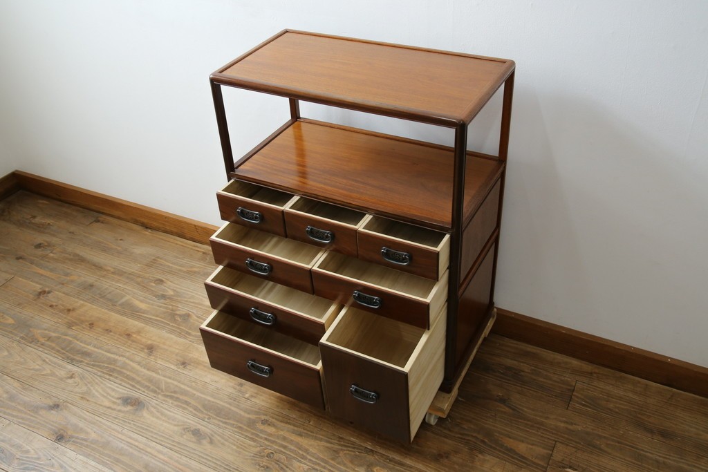 和製ビンテージ　美品!!　力峯作　総紫檀(シタン)材　内部桐(キリ)材　引き出し8杯付きで収納力も抜群の飾り棚　定価推定約60万円　(R-079588)