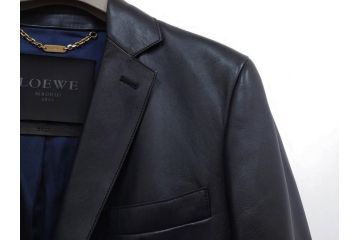 スペイン　LOEWE(ロエベ)　羊革　サイズ46　ラムレザージャケット(シープスキン、アウター、メンズ、男性、黒、ブラック、皮製品、裏地付き)(R-079598)