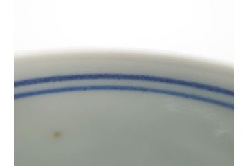 江戸期　古伊万里　染付　線描　蝶花図　約12cm　4寸　清楚な美しさのある蓋付き茶碗2客セット(ちょう、蓮?、和食器、どんぶり、蓋茶碗、四寸)(R-079599)