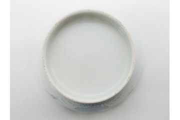 江戸期　古伊万里　染付　線描　蝶花図　約12cm　4寸　花のデザインが優雅な蓋付き茶碗2客セット(蝶、ちょう、蓮?、和食器、どんぶり、蓋茶碗、四寸)(R-079600)