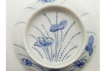 江戸期　古伊万里　染付　線描　蝶花図　約12cm　4寸　花のデザインが優雅な蓋付き茶碗2客セット(蝶、ちょう、蓮?、和食器、どんぶり、蓋茶碗、四寸)(R-079600)