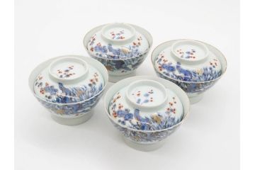 江戸期　古伊万里　染付　色絵　梅　約11cm　3.7寸　食卓を明るく彩る蓋付き茶碗4客セット(金彩、鳥、松、花十字、和食器、蓋茶碗、どんぶり、三寸七分)(R-079602)
