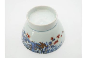 江戸期　古伊万里　染付　色絵　梅　約11cm　3.7寸　食卓を明るく彩る蓋付き茶碗4客セット(金彩、鳥、松、花十字、和食器、蓋茶碗、どんぶり、三寸七分)(R-079602)