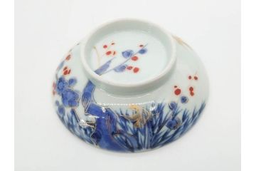 江戸期　古伊万里　染付　色絵　梅　約11cm　3.7寸　食卓を明るく彩る蓋付き茶碗4客セット(金彩、鳥、松、花十字、和食器、蓋茶碗、どんぶり、三寸七分)(R-079602)
