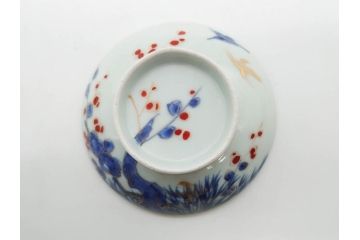 江戸期　古伊万里　染付　色絵　梅　約11cm　3.7寸　食卓を明るく彩る蓋付き茶碗4客セット(金彩、鳥、松、花十字、和食器、蓋茶碗、どんぶり、三寸七分)(R-079602)