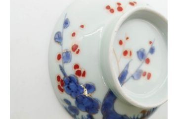江戸期　古伊万里　染付　色絵　梅　約11cm　3.7寸　食卓を明るく彩る蓋付き茶碗4客セット(金彩、鳥、松、花十字、和食器、蓋茶碗、どんぶり、三寸七分)(R-079602)