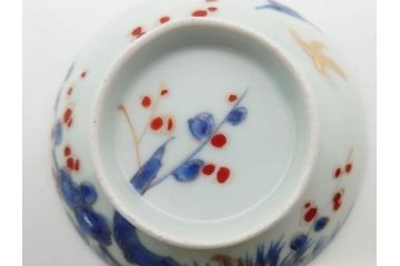 江戸期　古伊万里　染付　色絵　梅　約11cm　3.7寸　食卓を明るく彩る蓋付き茶碗4客セット(金彩、鳥、松、花十字、和食器、蓋茶碗、どんぶり、三寸七分)(R-079602)