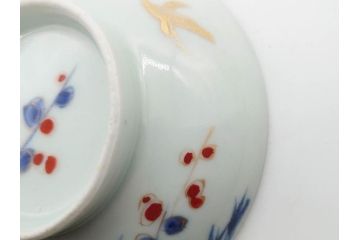 江戸期　古伊万里　染付　色絵　梅　約11cm　3.7寸　食卓を明るく彩る蓋付き茶碗4客セット(金彩、鳥、松、花十字、和食器、蓋茶碗、どんぶり、三寸七分)(R-079602)