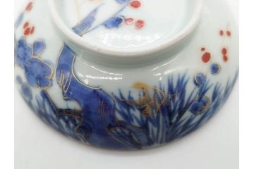江戸期　古伊万里　染付　色絵　梅　約11cm　3.7寸　食卓を明るく彩る蓋付き茶碗4客セット(金彩、鳥、松、花十字、和食器、蓋茶碗、どんぶり、三寸七分)(R-079602)