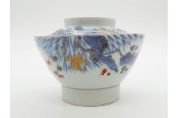 江戸期　古伊万里　染付　色絵　梅　約11cm　3.7寸　食卓を明るく彩る蓋付き茶碗4客セット(金彩、鳥、松、花十字、和食器、蓋茶碗、どんぶり、三寸七分)(R-079602)