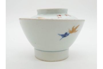 江戸期　古伊万里　染付　色絵　梅　約11cm　3.7寸　食卓を明るく彩る蓋付き茶碗4客セット(金彩、鳥、松、花十字、和食器、蓋茶碗、どんぶり、三寸七分)(R-079602)