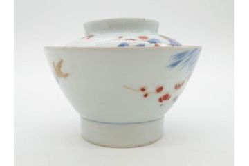 江戸期　古伊万里　染付　色絵　梅　約11cm　3.7寸　食卓を明るく彩る蓋付き茶碗4客セット(金彩、鳥、松、花十字、和食器、蓋茶碗、どんぶり、三寸七分)(R-079602)