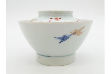 江戸期　古伊万里　染付　色絵　梅　約11cm　3.7寸　食卓を明るく彩る蓋付き茶碗4客セット(金彩、鳥、松、花十字、和食器、蓋茶碗、どんぶり、三寸七分)(R-079602)