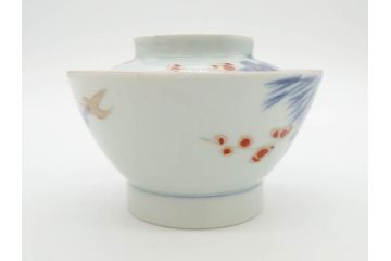 江戸期　古伊万里　染付　色絵　梅　約11cm　3.7寸　食卓を明るく彩る蓋付き茶碗4客セット(金彩、鳥、松、花十字、和食器、蓋茶碗、どんぶり、三寸七分)(R-079602)