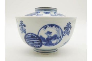 古伊万里　古玩　染付　窓絵　約13cm　4.1寸　丁寧に絵付けされた細かな模様が目を引く蓋付き茶碗2客セット(中国?、人物、壽、寿、蓋茶碗、和食器、どんぶり、四寸一分)(R-079604)