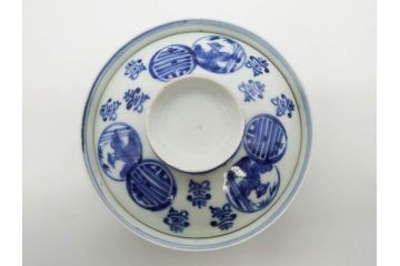 古伊万里　古玩　染付　窓絵　約12cm　4寸　緻密な絵付けから匠の美技を感じる蓋付き茶碗2客セット(中国?、人物、壽、寿、蓋茶碗、和食器、どんぶり、四寸)(R-079605)