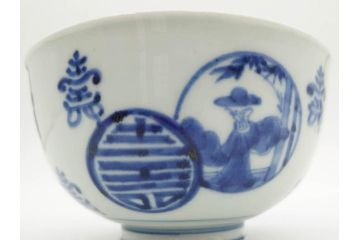 古伊万里　古玩　染付　窓絵　約12cm　4寸　緻密な絵付けから匠の美技を感じる蓋付き茶碗2客セット(中国?、人物、壽、寿、蓋茶碗、和食器、どんぶり、四寸)(R-079605)