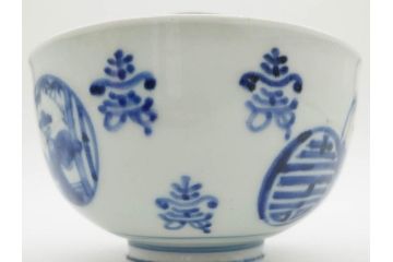 古伊万里　古玩　染付　窓絵　約12cm　4寸　緻密な絵付けから匠の美技を感じる蓋付き茶碗2客セット(中国?、人物、壽、寿、蓋茶碗、和食器、どんぶり、四寸)(R-079605)