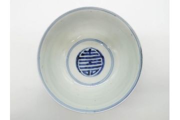 古伊万里　古玩　染付　窓絵　約12cm　4寸　緻密な絵付けから匠の美技を感じる蓋付き茶碗2客セット(中国?、人物、壽、寿、蓋茶碗、和食器、どんぶり、四寸)(R-079605)