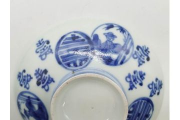古伊万里　古玩　染付　窓絵　約12cm　4寸　緻密な絵付けから匠の美技を感じる蓋付き茶碗2客セット(中国?、人物、壽、寿、蓋茶碗、和食器、どんぶり、四寸)(R-079605)