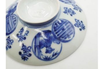 古伊万里　古玩　染付　窓絵　約12cm　4寸　緻密な絵付けから匠の美技を感じる蓋付き茶碗2客セット(中国?、人物、壽、寿、蓋茶碗、和食器、どんぶり、四寸)(R-079605)