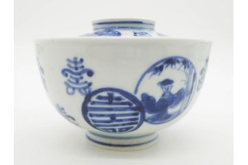 古伊万里　古玩　染付　窓絵　約12cm　4寸　緻密な絵付けから匠の美技を感じる蓋付き茶碗2客セット(中国?、人物、壽、寿、蓋茶碗、和食器、どんぶり、四寸)(R-079605)
