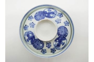 古伊万里　古玩　染付　窓絵　約12cm　4寸　緻密な絵付けから匠の美技を感じる蓋付き茶碗2客セット(中国?、人物、壽、寿、蓋茶碗、和食器、どんぶり、四寸)(R-079605)