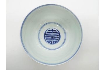 古伊万里　古玩　染付　窓絵　約12cm　4寸　緻密な絵付けから匠の美技を感じる蓋付き茶碗2客セット(中国?、人物、壽、寿、蓋茶碗、和食器、どんぶり、四寸)(R-079605)