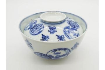 古伊万里　古玩　染付　窓絵　約12cm　4寸　深い味わいを感じる蓋付き茶碗3客セット(中国?、人物、壽、寿、蓋茶碗、和食器、どんぶり、四寸)(R-079606)