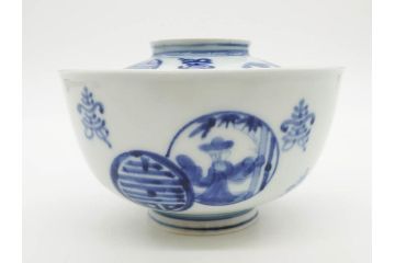 古伊万里　古玩　染付　窓絵　約12cm　4寸　深い味わいを感じる蓋付き茶碗3客セット(中国?、人物、壽、寿、蓋茶碗、和食器、どんぶり、四寸)(R-079606)