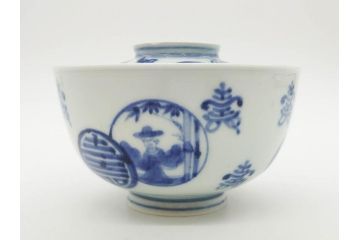 古伊万里　古玩　染付　窓絵　約12cm　4寸　深い味わいを感じる蓋付き茶碗3客セット(中国?、人物、壽、寿、蓋茶碗、和食器、どんぶり、四寸)(R-079606)