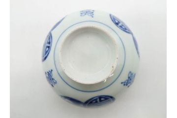 古伊万里　古玩　染付　窓絵　約12cm　4寸　深い味わいを感じる蓋付き茶碗3客セット(中国?、人物、壽、寿、蓋茶碗、和食器、どんぶり、四寸)(R-079606)