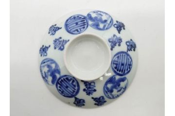 古伊万里　古玩　染付　窓絵　約12cm　4寸　深い味わいを感じる蓋付き茶碗3客セット(中国?、人物、壽、寿、蓋茶碗、和食器、どんぶり、四寸)(R-079606)