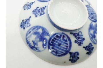 古伊万里　古玩　染付　窓絵　約12cm　4寸　深い味わいを感じる蓋付き茶碗3客セット(中国?、人物、壽、寿、蓋茶碗、和食器、どんぶり、四寸)(R-079606)