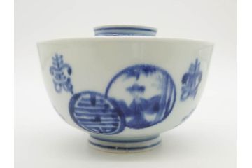 古伊万里　古玩　染付　窓絵　約12cm　4寸　深い味わいを感じる蓋付き茶碗3客セット(中国?、人物、壽、寿、蓋茶碗、和食器、どんぶり、四寸)(R-079606)