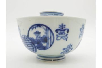 古伊万里　古玩　染付　窓絵　約12cm　4寸　深い味わいを感じる蓋付き茶碗3客セット(中国?、人物、壽、寿、蓋茶碗、和食器、どんぶり、四寸)(R-079606)
