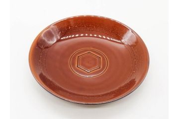 十代 大樋長左衛門(年朗)　大樋焼　亀甲紋　飴釉　約21cm　6.9寸　艶やかさが魅力的な中皿(和食器、和皿、共箱付き、裏印、六寸九分)(R-079607)