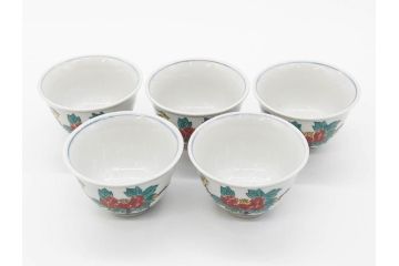 山田義明(号龍山)　九谷焼　花鳥図　約9cm　2.8寸　豊かな色彩が美しい汲出碗5客セット(牡丹、ぼたん、茶器、煎茶道具、湯のみ、湯呑み、共箱付き、和食器、裏印、二寸八分)(R-079610)