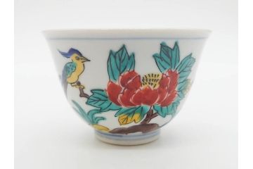 山田義明(号龍山)　九谷焼　花鳥図　約9cm　2.8寸　豊かな色彩が美しい汲出碗5客セット(牡丹、ぼたん、茶器、煎茶道具、湯のみ、湯呑み、共箱付き、和食器、裏印、二寸八分)(R-079610)