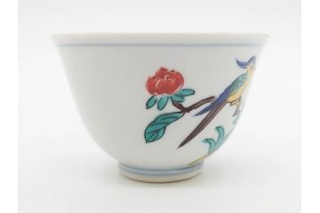 山田義明(号龍山)　九谷焼　花鳥図　約9cm　2.8寸　豊かな色彩が美しい汲出碗5客セット(牡丹、ぼたん、茶器、煎茶道具、湯のみ、湯呑み、共箱付き、和食器、裏印、二寸八分)(R-079610)