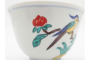 山田義明(号龍山)　九谷焼　花鳥図　約9cm　2.8寸　豊かな色彩が美しい汲出碗5客セット(牡丹、ぼたん、茶器、煎茶道具、湯のみ、湯呑み、共箱付き、和食器、裏印、二寸八分)(R-079610)
