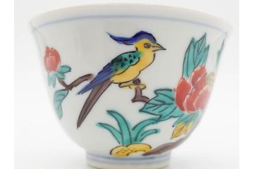 山田義明(号龍山)　九谷焼　花鳥図　約9cm　2.8寸　豊かな色彩が美しい汲出碗5客セット(牡丹、ぼたん、茶器、煎茶道具、湯のみ、湯呑み、共箱付き、和食器、裏印、二寸八分)(R-079610)