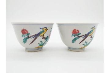 山田義明(号龍山)　九谷焼　花鳥図　約9cm　2.8寸　豊かな色彩が美しい汲出碗5客セット(牡丹、ぼたん、茶器、煎茶道具、湯のみ、湯呑み、共箱付き、和食器、裏印、二寸八分)(R-079610)